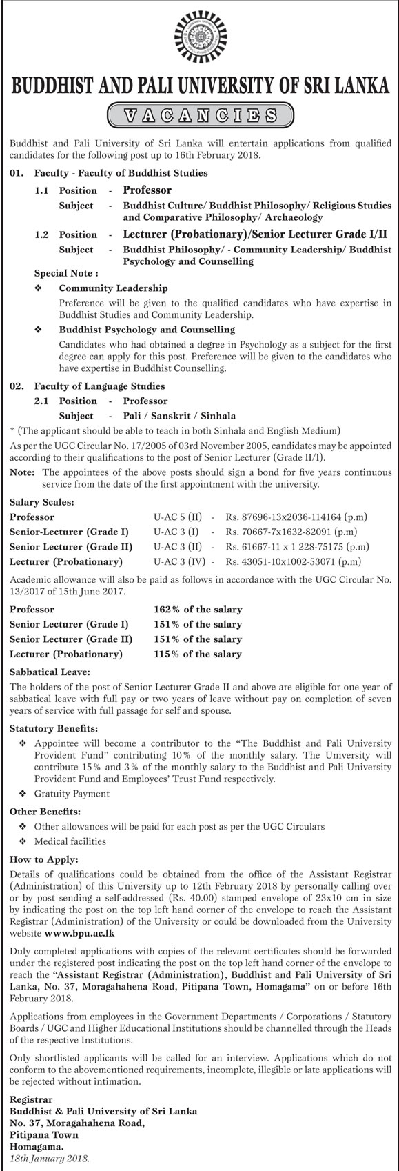 Professor, Senior Lecturer, Lecturer - Buddhist & Pali University 